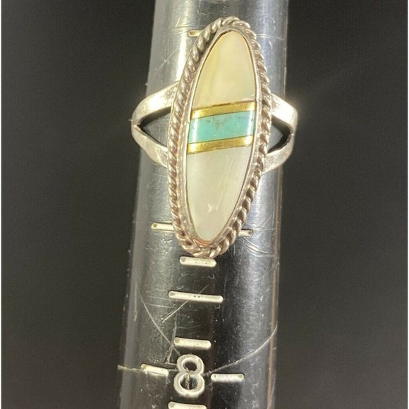 Native American SJ Sterling Silver Turquoise MOP Ring Size 6 - Picture 4 of 5